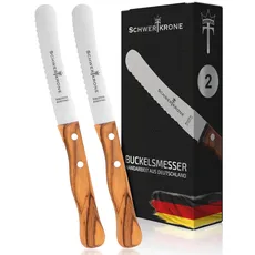Schwertkrone Buckelsmesser mit Wellenschliff und Olivenholz 2er Set - Das bergische Frühstücksmesser - Made in Germany - Brötchenmesser Brotzeitmesser