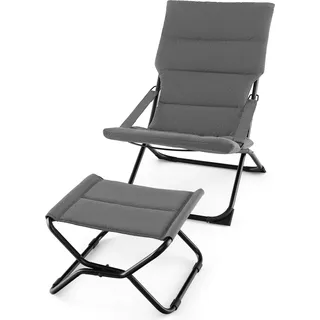KOMFOTTEU Gartenliege klappbar mit Fußstütze, Liegestuhl mit Armlehnen & abnehmbarem Kissen, Sonnenliege Klappstuhl für Garten,Terrasse, Balkon - Grau