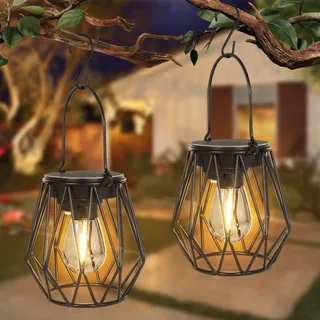 Dehobo Solarlampen für Außen Hängend & Stehend 2 Stück, Solarleuchten Metall IP65 Wasserdicht Warmweiß, Solar Laterne mit Diamant-Design, Solar Laternen für Draußen Garten Balkon Terrasse Hof