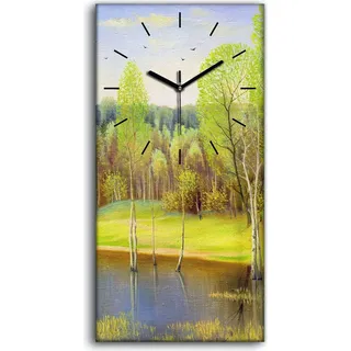 Wanduhr Leinwand Bild Uhr Geräuschlos 30x60 Landschafts Wälder Wald See - schwarze Hände - Grün