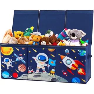 Extra Groß Aufbewahrungsbox mit Deckel Kinder, Zusammenklappbare Oxford-Spielzeugkiste mit Griff für Mädchen Jungen, Wasserdichte Spielzeug Aufbewahrung im Kinderzimmer, 96×32×40 cm (Astronaut Rakete)