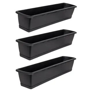 BigDean 3X Blumenkasten mit Untersetzer 80 cm lang anthrazit | Balkon Pflanzkasten schmal Balkonkasten - aus PP-Kunststoff - Wetterfest & Langlebig