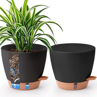 T4U 2er Set20cm Selbstbewässernder Blumentopf mit Tiefem Wasserspeicher, für Grünpflanzen, Blumentopf Gross innen & draussen, auch als pflanzkübel groß außen, Schwarz