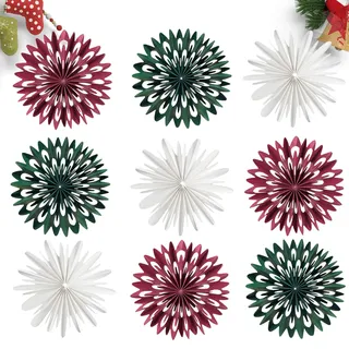 EASY JOY 9 Stück Weihnachtsbaum Deko 3D Mini Weihnachten Papier Fächer Ornamente Pappsterne Weihnachten Hanging Papier Dekorationen Skandinavische Weihnachtsdeko für Esstisch Fensterbank Kaminsims