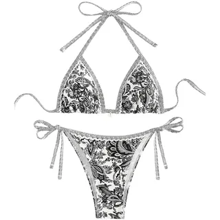 BYFINECANY Damen-Badeanzug, Blumenmuster, Neckholder, Paisleymuster, Sommer-Badeanzug, Bikinis-Set, Schwarz, Large