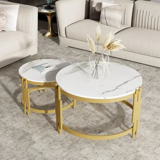 Flieks Couchtisch, 2er Set Marmor Satztisch rund, Wohnzimmertisch mit goldenem Metallrahmen, Beistelltisch im modernen Stil, weiß - Weiß
