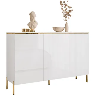 Dreitürige Kommode AURORA II weiß glänzend auf Beinen mit gerade gold Chrom - Weiß, Gold