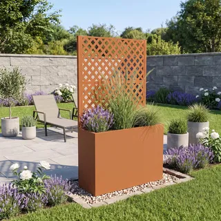 casa.pro Blumenkasten mit Sichtschutz Malja 146 x 83 x 31cm Braun | Trennwand, indoor, outdoor, Rankgitter, wetterfest, Metall, verzinkt, für Balkon, Terrasse, Pflanzkübel hoch