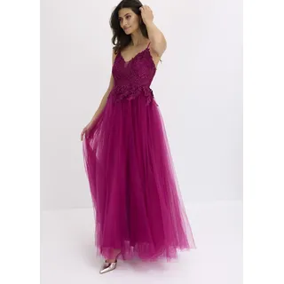 Abendkleid BONPRIX, Damen, Gr. 52, N-Gr, fuchsia, Web, Obermaterial: 100% Polyester. Futter: 100% Polyester. Spitze: 100% Polyester, festlich, figurbetont, Kleider Abendkleid, für festliche Anlässe, aus Tüll mit Spitze, figurbetont, Maxi-Länge