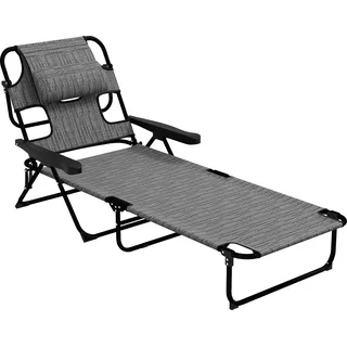Outsunny Sonnenliege klappbar Gartenliege mit Lesefenster, Kopfkissen, bis 120 kg belastbar, für Garten Strand Pool, Grau