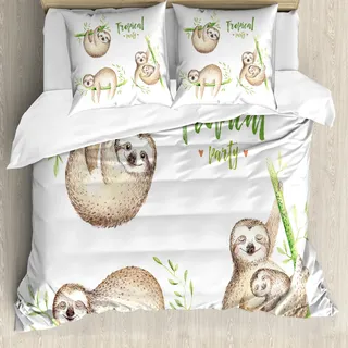 ABAKUHAUS Faultier Bettbezug, Babys Palmblätter, Milbensicher Allergiker geeignet mit Kissenbezügen, 155 cm x 220 cm - 80 x 80 cm, Pale Braun Grün - Braun