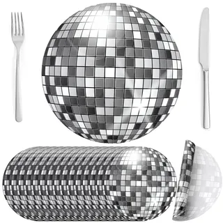 crtiin 50 Stück 30.5 cm Silberne Discokugel runde Tischsets 70er Jahre Disco Party Tischsets Einweg Papier Tischmatte für Geburtstagsfeier, Wiedervereinigung, 70er Jahre Groovy Party, Bankette, Essbedarf