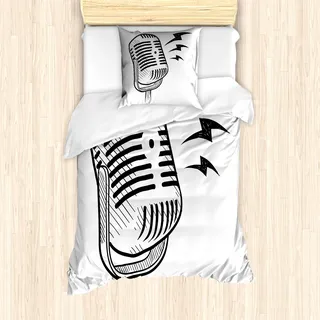 ABAKUHAUS Hipster Mantele, Retro Mikrofon-Radio, Milbensicher Allergiker geeignet mit Kissenbezügen, 135 cm x 200 cm - 80 x 80 cm, Schwarz-Weiss - Schwarz