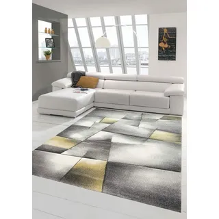 Teppich-Traum Kurzflor Teppich Karo-Patchwork Pastellgelb Grau 140x200 cm | Pflegeleicht, strapazierfähig, allergikerfreundlich und schadstofffrei, Konturenschnitt, für Wohn- & Schlafzimmer