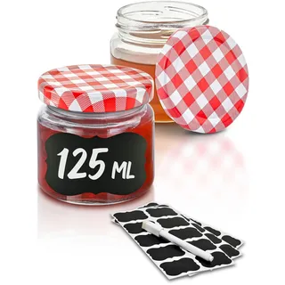 Praknu 25 Marmeladengläser Klein 125 ml mit Deckel - Einmachgläser mit Schraubdeckel, Etiketten & Stift - Luftdichte Einweckgläser - Spülmaschinenfeste Schraubgläser - Kleine Gläser mit Deckel