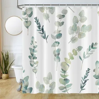 Uiiooazy Duschvorhang Grün, Duschvorhang 180x220cm Anti Schimmel Blau Blätter Eukalyptus Pflanzenmotiv Duschvorhänge Wasserdicht Polyester Stoff Waschbar Bad Vorhang mit 12 Haken für Badezimmer