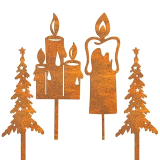 Forbabe 4 Stück Gartenstecker Weihnachten, Tannenbaum Kerze Weihnachtsdeko Roststecker Metall Gartendeko, Rost Deko Baumstecker für Advent/Weihnachten/Garten/Terrasse/Balkon/Blumentopf