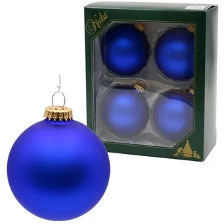Dekohelden24 Lauschaer Christbaumschmuck - Baumkugeln blau, Tannenbaumkugeln, 4er Set Kugeln Lauscha Uni matt Satin königsblau, 8 cm, mit goldenem Krönchen + 50 Schnellaufhänger in Gold.