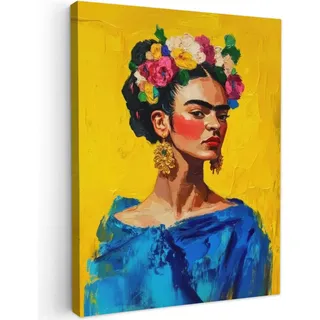 MuchoWow Leinwandbild Frida Kahlo - Frau - Gelb - Blau - Blumen Wandbild Wohnzimmer 60x80 cm , Textil , Kiefer , Abstrakt , Rechteckig , 60x80 cm , FSC 100% , gerahmt , Bilder & Rahmen, Bilder, Leinwandbilder