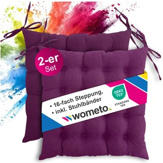 wometo 2er Set Sitzkissen 40x40 Oeko-TEX mit Bändern/Schleifen Beere lila | gesteppte Sitzpolster / Stuhlkissen mit Steppung für Indoor und Outdoor, drinnen und draußen nutzbar, im Doppelpack