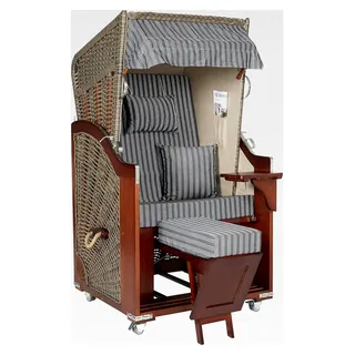 AVA Deluxe Strandkorb Ostsee Single mit Vollholzfront, außen beige, innen grau gestreift für Balkon, Terrasse und Garten - Beige, Grau