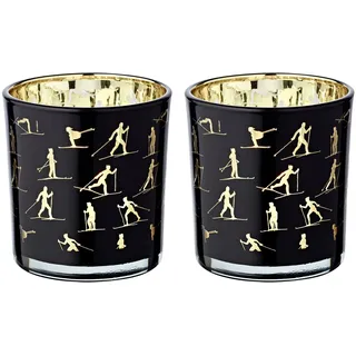 EDZARD 2er-Set Teelichtglas Monty (Höhe 8 cm, ø 7,5 cm), Windlicht mit Skisport Motiv, innen Gold/außen schwarz