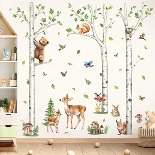 decalmile Wandtattoo Baum Birke Groß Waldtiere Wandsticker Tiere Bär Hirsche Hase Wandaufkleber Babyzimmer Kinderzimmer Schlafzimmer Wanddeko