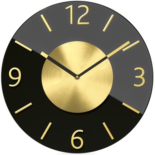 Mebus Quarzwanduhr, Leisegangwerk - Kein Tick-Tack Geräusch, präzises Quarzuhrwerk, Glas - hochwertig und elegant, 3D Aluminium Ziffern, Aluminium Zeiger, Farbe: Schwarz Gold, 32cm