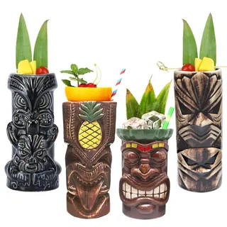 Tiki Becher Cocktail-Set von 4 – große Trinkgläser aus Keramik, hawaiianische Luau-Party-Tassen, Drinkware, niedliche, exotische Cocktailgläser, professionelle Hawaii-Party-Barware, TKSET0005