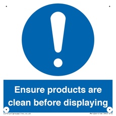 Schild mit Aufschrift "Ensure Products Are Clean Before Displaying", 100 x 100 mm, S10