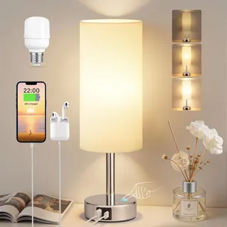 PreeOtti Nachttischlampe Touch Dimmbar, Tischlampe mit USB A+C Ladefunktion, Weiße Lampenschirm aus Leinenstoff, Touch Lampe für Nachttisch Wohnzimmer Schlafzimmer Kinderzimmer Büro(Inklusive Birne)