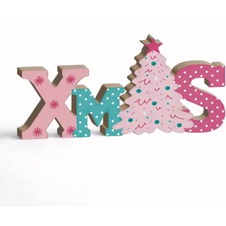 Putuo Decor Deko Weihnachten Innen XMAS Holzschild Rosa mit Weihnachtsbaum Motiv aus MDF als Weihnachtsdeko Tisch für Kinderzimmer Fensterbank Regal, 20x10cm