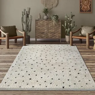 the carpet Bahar Kids Langflor Teppich fürs Kinderzimmer, Punkte Muster in Creme-Schwarz, Weich & Pflegeleicht, Spielteppich, Punkt Muster Creme-Schwarz 240 x 340 cm
