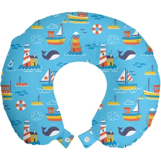 ABAKUHAUS Leben im Meer Reisekissen Nackenstütze, Boote und Leuchtturm, Schaumstoff Reiseartikel für Flugzeug und Auto, 30x30 cm, Sky Blue Multicolor