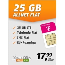 klarmobil Allnet Flat 25 GB – Handyvertrag 24 Monate im Telekom Netz mit Internet Flat, Flat Telefonie und EU-Roaming – Aktivierungscode per E-Mail