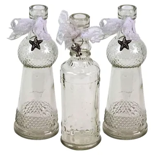 3er Set Glas Flaschen H=17 cm maritim silber Anhänger Vasen Spitzenband Deko