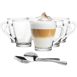 Glasmark KROSNO 1992 Kaffeegläser Mit Henkel Und Löffel 6 Stück 200 ml Transparentes Glas Kaffeetassen Teegläser Cappuccino Latte Eistee