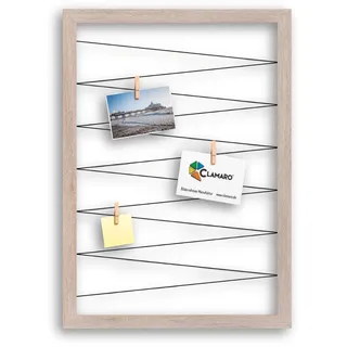CLAMARO Bilderrahmen Collage Flex, 70 x 90 cm, Eiche Sonoma, Wandaufhänger | MDF-Holzrahmen vollummantelt, vorgespannte Gummileine, Echtholz-Fotoklammern, für Fotos, Postkarten, Notizen