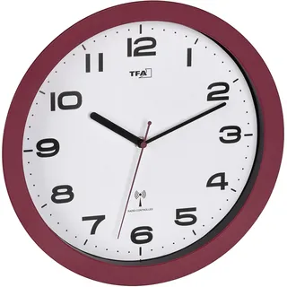 TFA Dostmann Wanduhr Funk ohne Laute Tickgeräusche, 60.3554, modern, 32cm, Funkuhr, einfach zu lesen, ideal für Wohnzimmer, Küche oder Schlafzimmer, rot