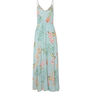 Maxikleid LASCANA "Cut-Out am Rücken aus leichter Webware mit Blumendruck", Damen, Gr. 42, N-Gr, blau (türkis bedruckt), Web, Obermaterial: 100% Viskose, bedruckt, figurumspielend bodenlang, V-Ausschnitt, Kleider Maxikleid, Elegantes Sommerkleid, Spaghettikleid, Viskosekleid, festlich, Topseller