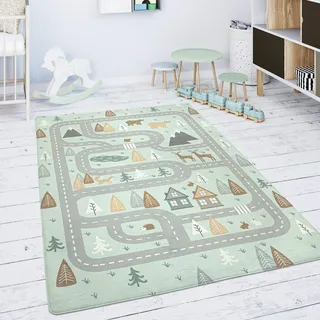 Paco Home - Kinderteppich Teppich Kinderzimmer Spielmatte Straße Bär Elch Bäume Grün Grau, 120x160 cm
