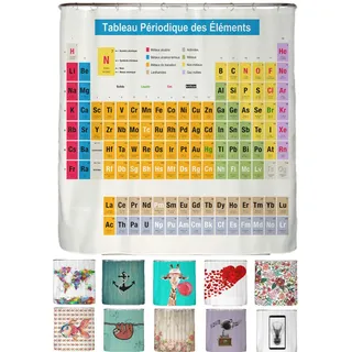 arteneur® - Duschvorhang Periodensystem Französisch - Anti-Schimmel Duschvorhänge 180x200 - Recycelt mit Öko-Tex Standard 100 - Beschwerter Saum Ohne Kleben, Wasserdicht, Waschbar, 12 Ringe in Weiß