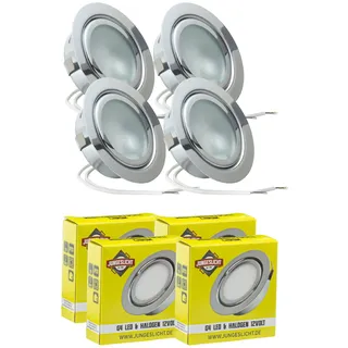 JungesLicht - 4x Halogen Möbeleinbauleuchte 12V G4 20W, Bohrloch 55-60mm passend, Tiefe 23mm, Außen 73mm, Chrom (Halogenleuchtmittel inklusive, LED geeignet), dimmbar, Möbelleuchte, Spiegelleuchte