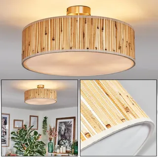 HOFSTEIN Deckenleuchte Foggia, Deckenlampe aus Metall/Bambus/Stoff/Kunststoff in Nickel-matt/Naturfarben/Weiß, runde Boho Leuchte (Ø 40 cm), E27, Esszimmer, Wohnzimmer, Schlafzimmer, Küche, Flur