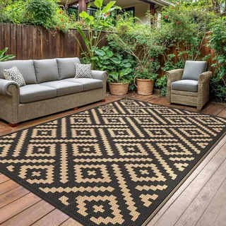 GENIMO Outdoor Teppich Wendbar – Wetterfest, UV-Beständig, Wasserdicht – Für Terrasse, Balkon, Garten, Camping, Picknick – Schwarz-Braun – Größe:9x12ft