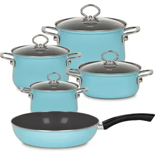 RIESS NOUVELLE KRISTALLBLAU Topf-Set 5-tlg. Fleischtopf 16 cm + Fleischtopf 20 cm + Kasserolle 20 cm + Bratpfanne 28 cm