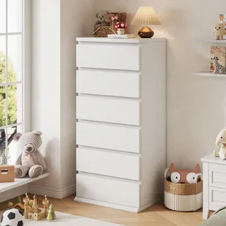 Jocoevol Schmal Kommode mit 6 Schubladen, 50cm Breite Weiß Modern Sideboard | Schubladenschrank für Schlafzimmer, Holzkommode mit Tiefen Schubladen, für Wohnzimmer, Flur oder Eingangsbereich