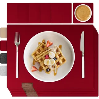 smøla 12-teiliges Premium Filz Tischset inkl. Untersetzer I Platzset Abwaschbar Rot I Platzset Abwischbar, Platzdeckchen Set mit Filzuntersetzer für Teller, Gläser I Tischdeko Frühling Weinrot