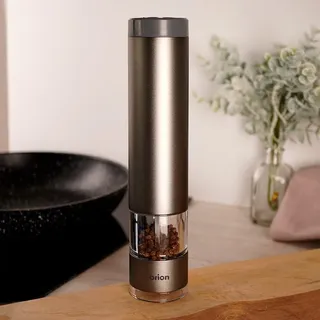 Orion Pfeffermühle Salzmühle Gewürzmühle elektrisch aus Aluminium mit Keramikmahlwerk robust 22,5 cm - Silber
