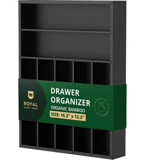 ROYAL CRAFT WOOD Bambus-Küchenschubladen-Organizer – Besteckkasten zum Organisieren und Besteck mit gerillten Schubladen-Trennwänden für Besteck und Küchenutensilien (7 Fächer, schwarz)